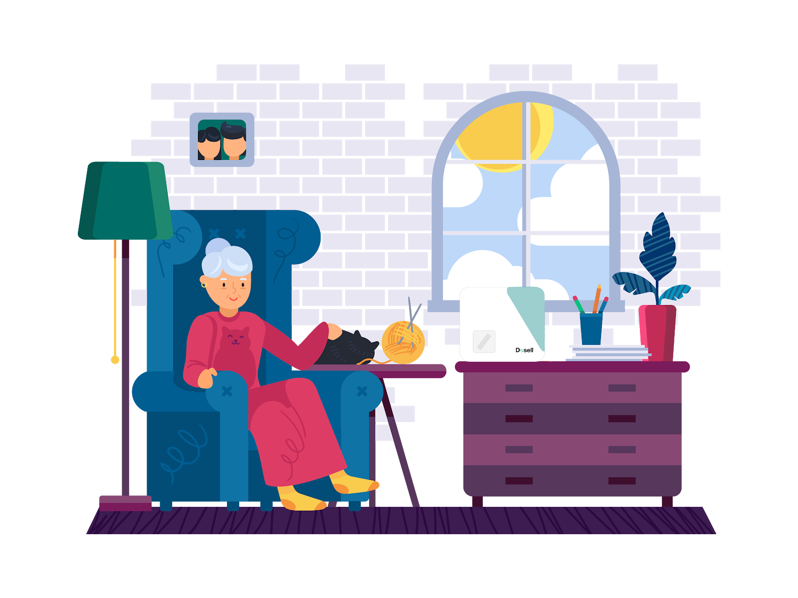 Graphic of an elderly woman at home with Dosell medical dispensing robot.